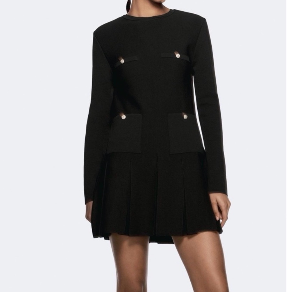 Zara Black Long Sleeve Dress with Button Accents